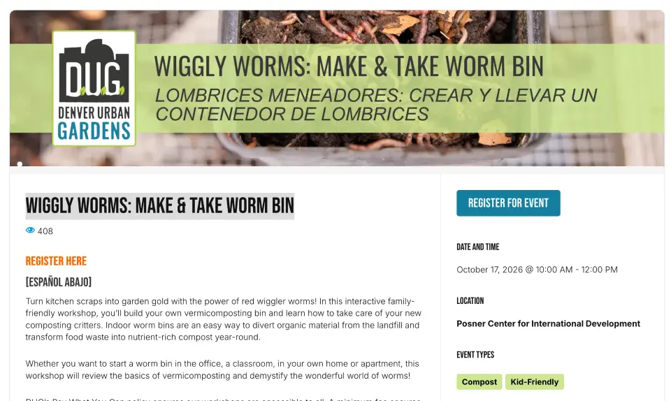 Denver Urban Gardens Worm Bin Event - 10.17.2026 @ 10:00AM-12:00PM cover