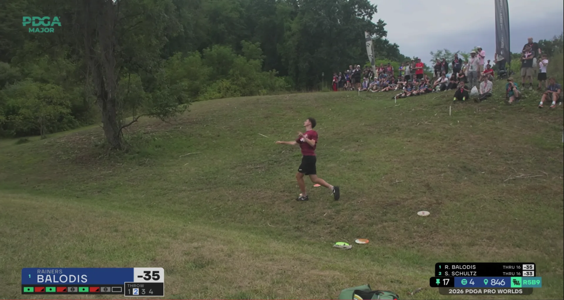 An image of Balodis throwing is upshot on 17. You can see that his foot is to the left of his disc but the basket is to the right. Its a very close call but the camera angle isn't perfect to capture the exact line.