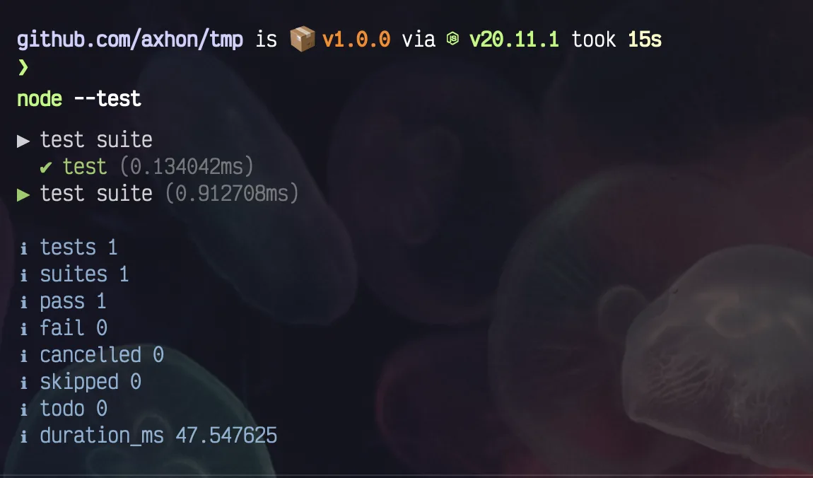 screenshot of a terminal with the command `node --test` run and completed in about 47 milliseconds