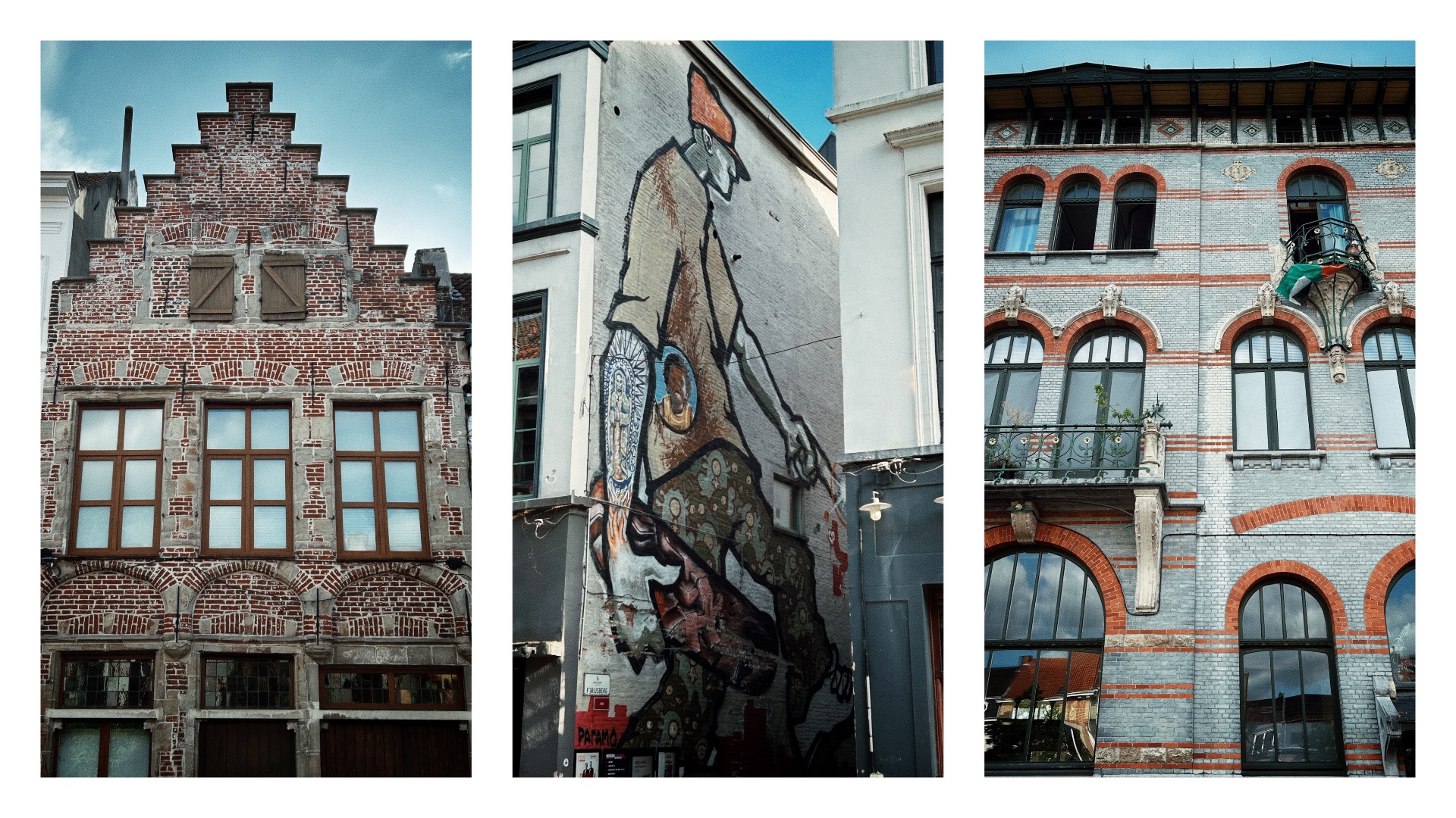 Three vertical panels showing architectural details and street art from Ghent, Belgium:
Left panel: A historic brick building with a prominent stepped gable facade and large wooden-framed windows.
Middle panel: A large outdoor mural painted on a building side, depicting a stylized figure with a hat and patterned clothing walking downward.
Right panel: An ornate multi-story building facade featuring light blue brickwork, red brick accents, and decorative arched windows with small balconies.