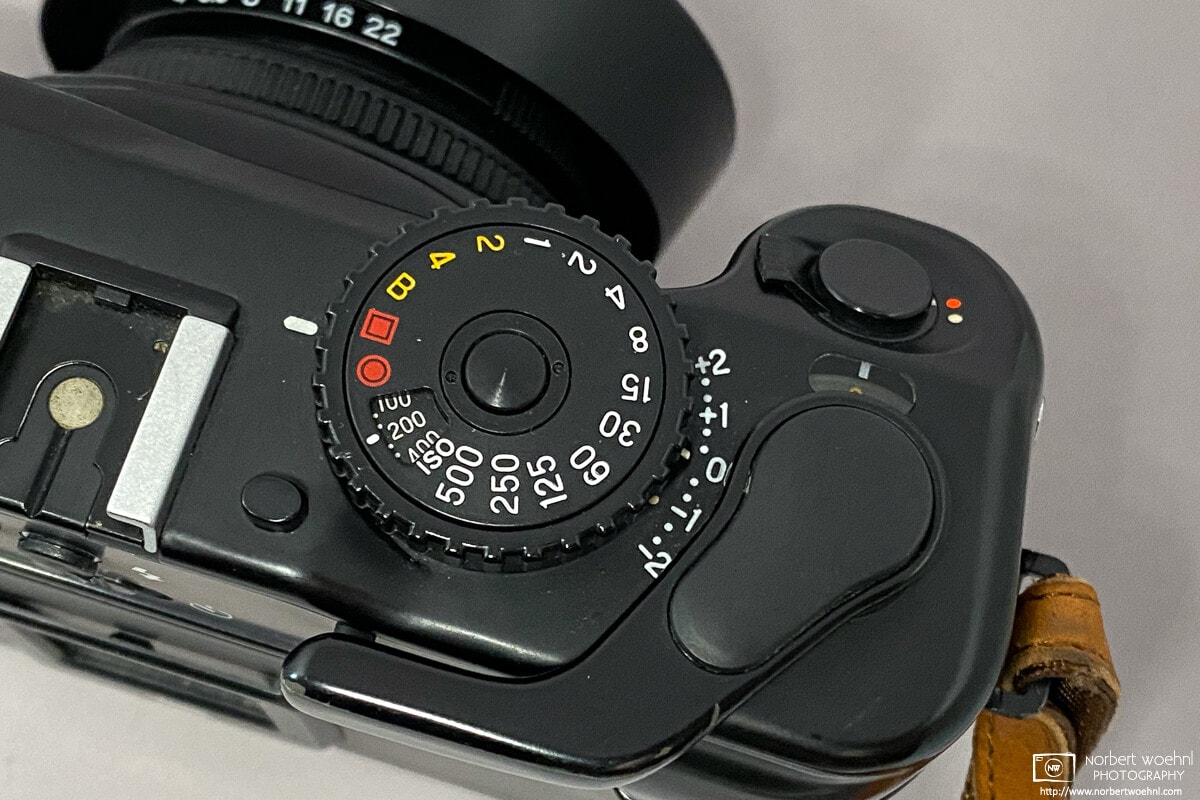 Top view of Mamiya 6 with detail of shutter speed dial.