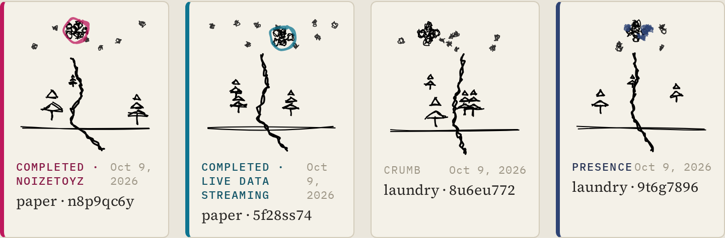 Four trail cards from one account: completed Noizetoyz with a pink ring and pink edge, completed Live Data Streaming in teal, a plain crumb in black and white, and a presence tag with navy dots.