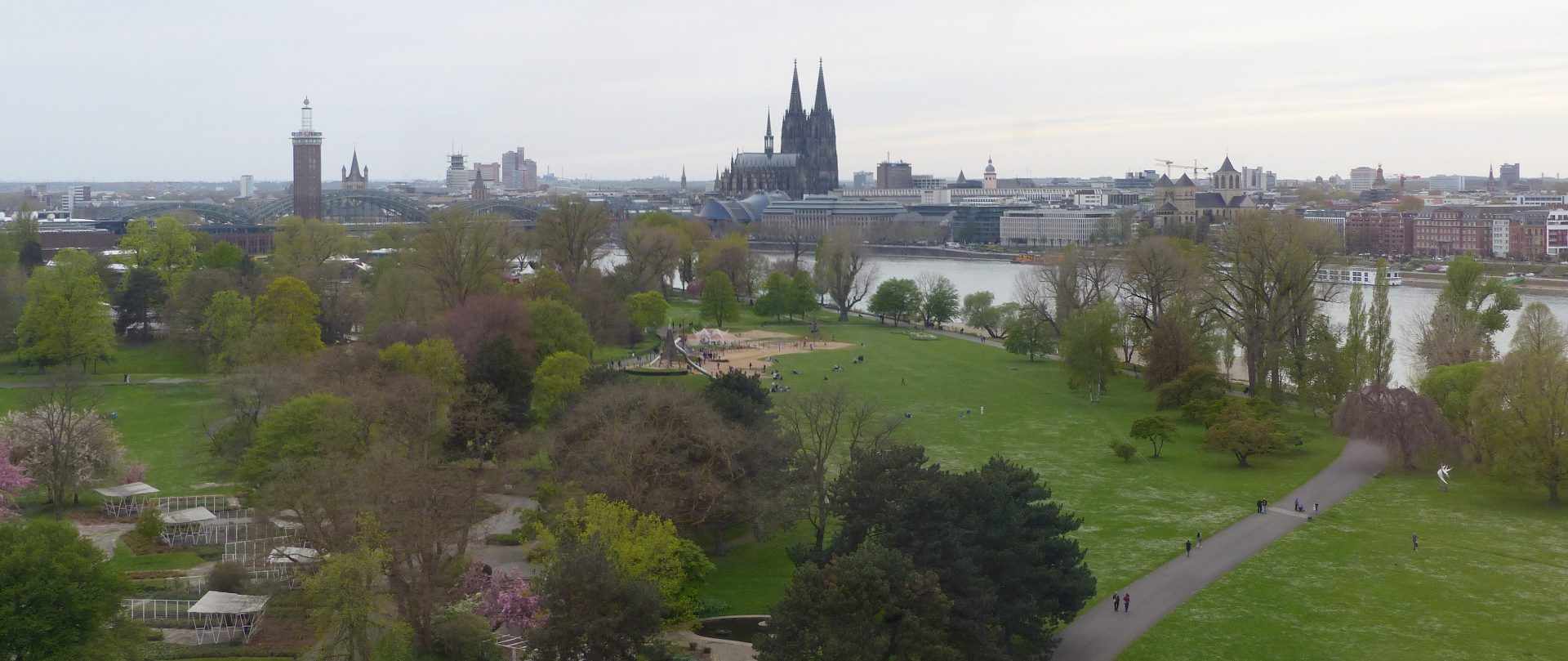 Blick auf den Rheinpark und das linksrheinische Köln.