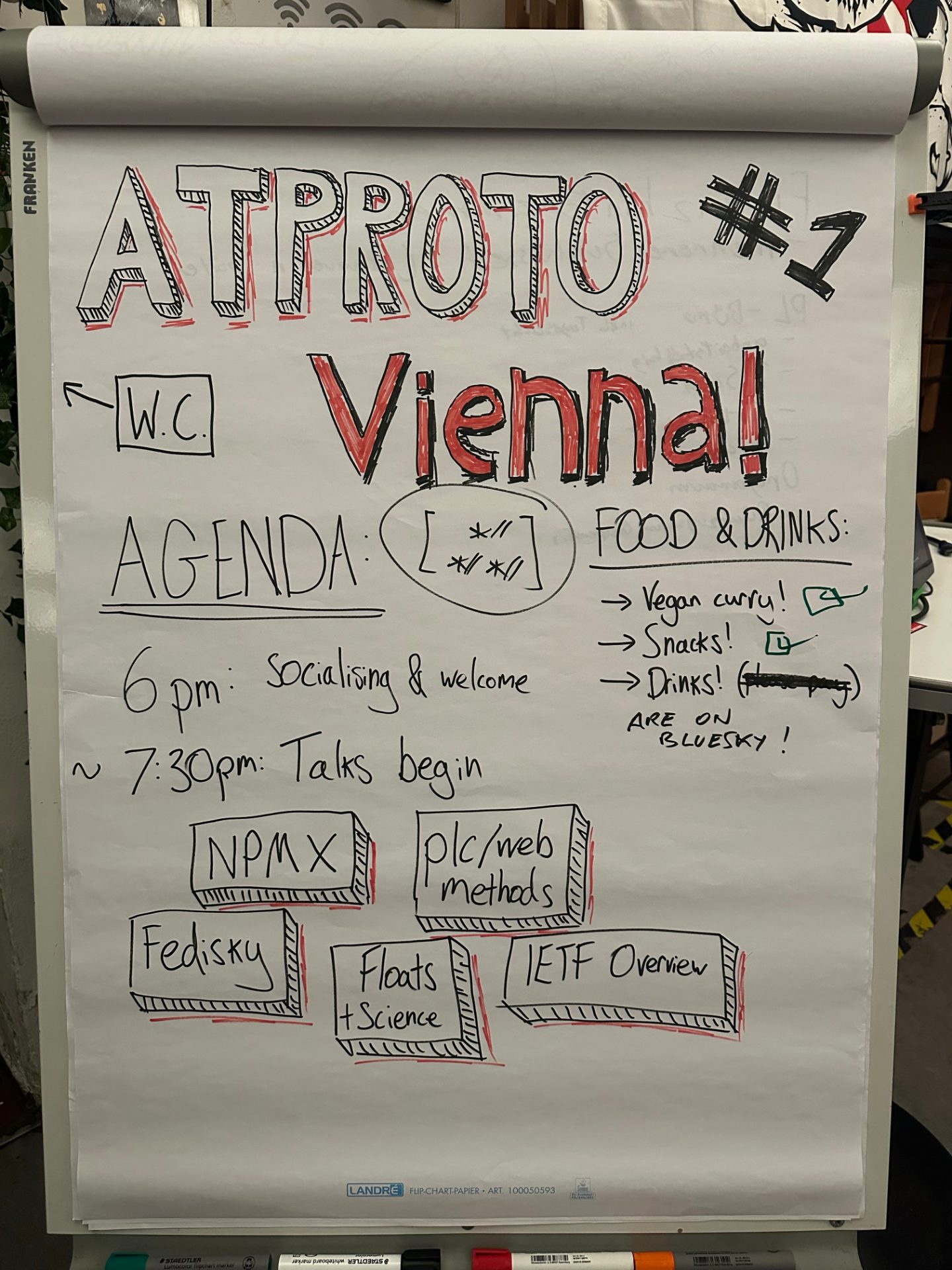 The first atproto Vienna meetup agenda on a flip chart detailing where the toilets are, what the sessions will be and food and drinks technicalities.
The chats were npmx, going beyond did:plc and did:web methods in atproto, Fedisky, floats and science posts on atproto and a review of the IETF session.