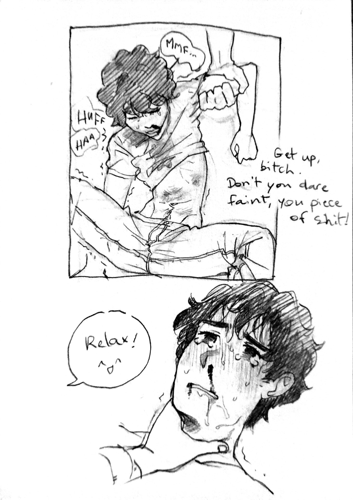 Pencil sketches of a young man getting roughed up.