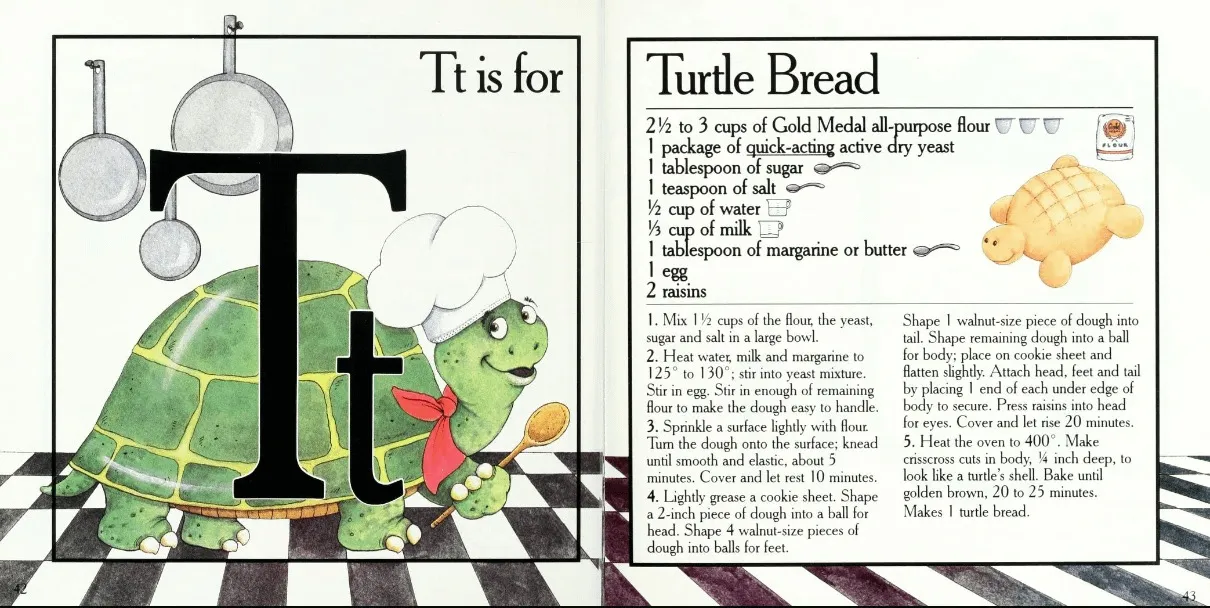 children's recipe book showing cartoon turtle on one side and a recipe for turtle shaped bread on the other