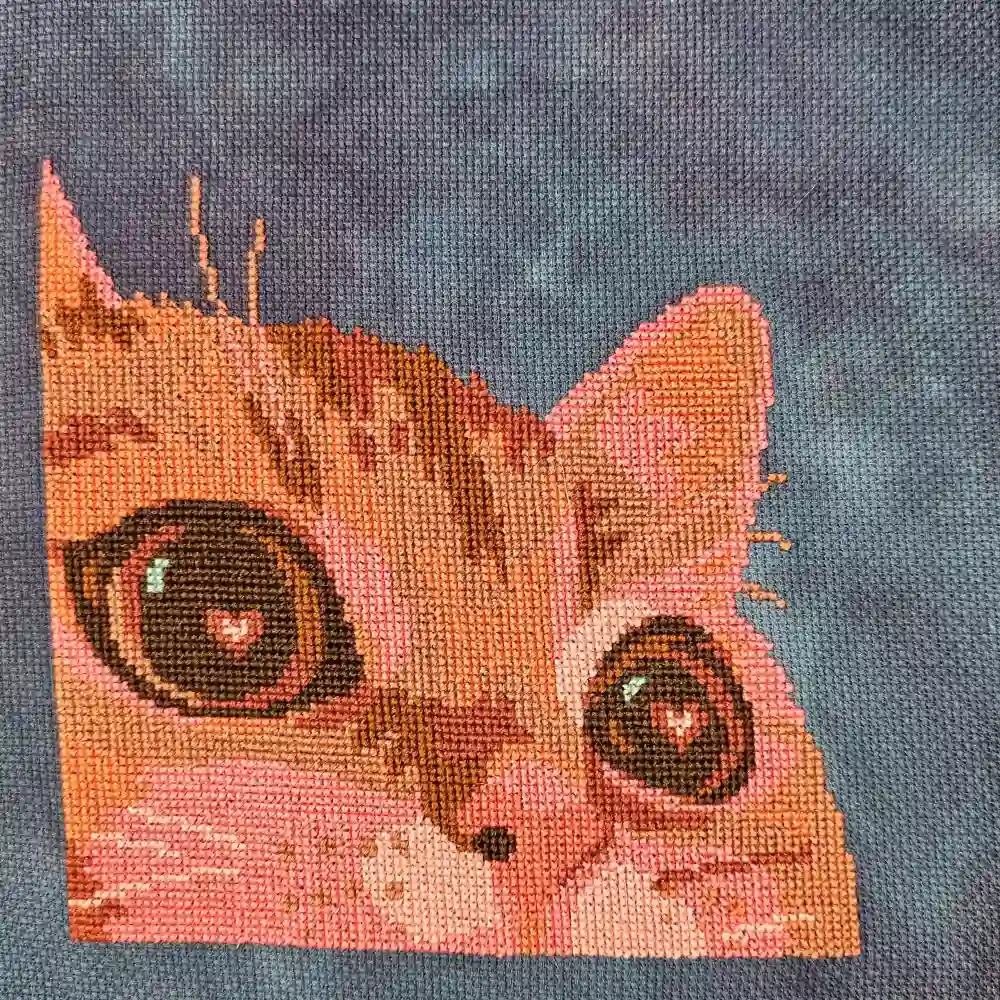 An orange cat stares into the distance with hearts in his eyes. Cross-stitch on dyed fabric that looks like a night sky.