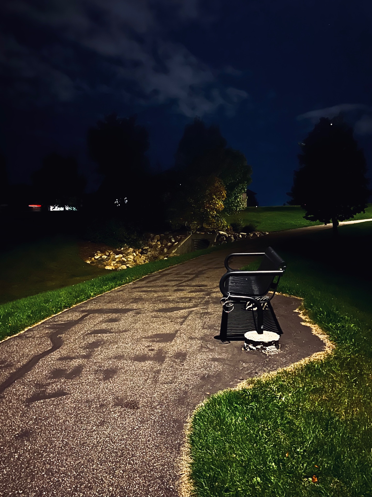 A park bench next to a path at night