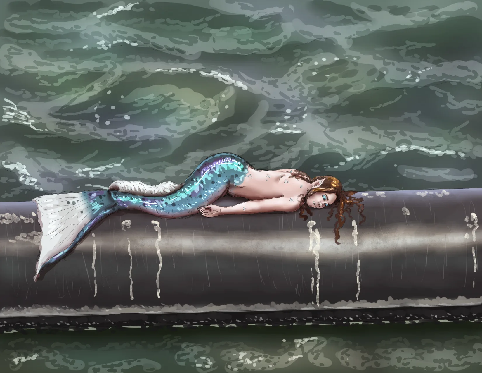 a digital painting of a light skinned, dark haired, blue tailed mermaid sleeping on a giant black pvc pipe in the ocean.