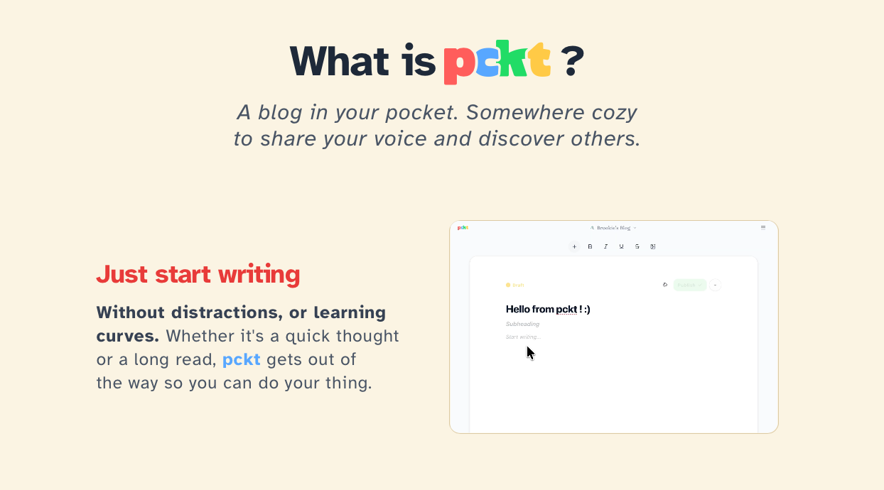 Pckt's homepage talking about what is pckt and how it's a blog in your pocket.