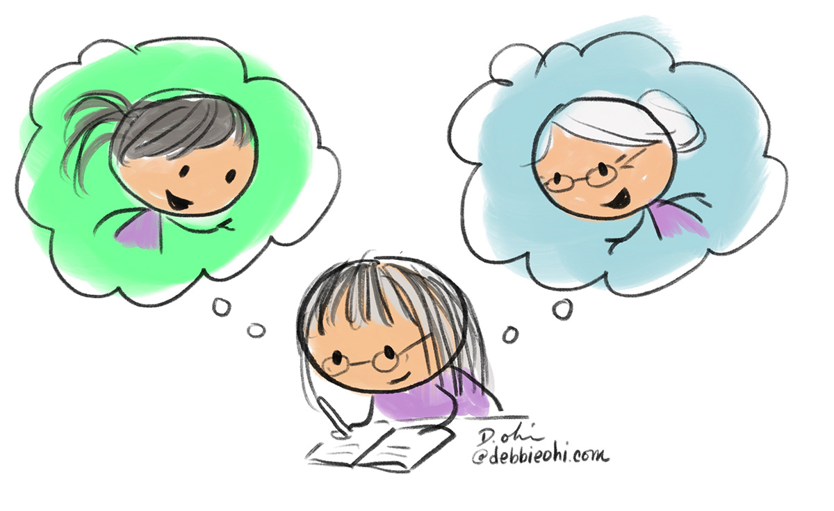 Cartoon illustration of a woman writing in a notebook, with thought bubbles showing younger and older versions of herself.