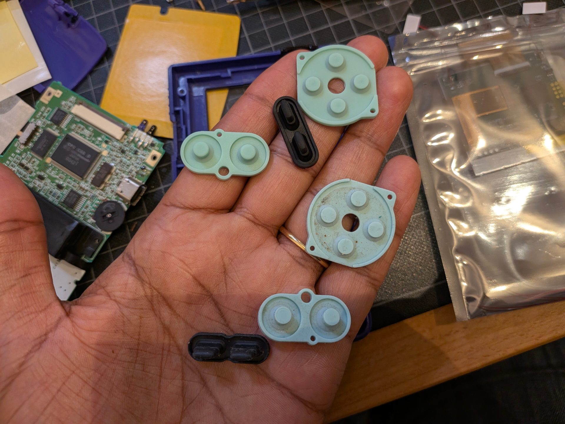 The old and new membranes in my hand. The old ones are noticeably dirtier.