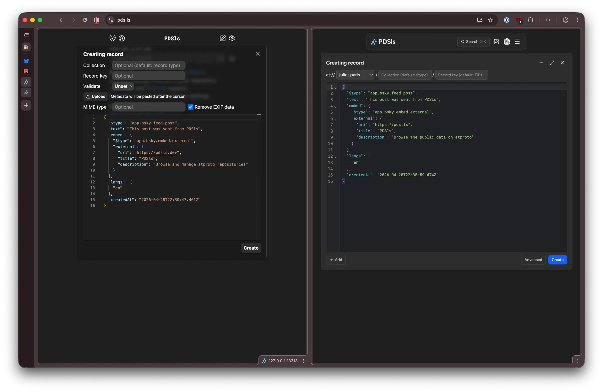 Comparison screenshot of two split tabs of the PDSls create record modal