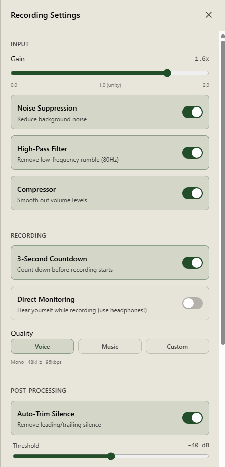 some of the recording settings within VoxPort's Recording Booth