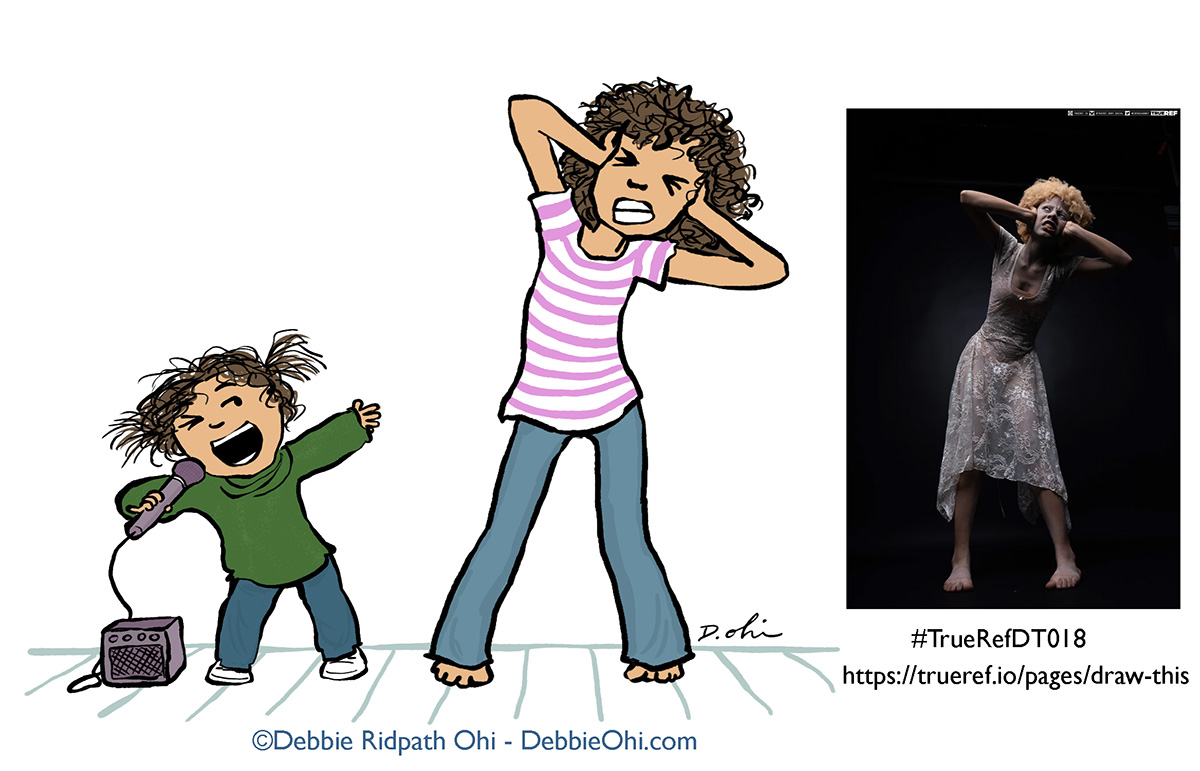 Illustration of a child singing into a microphone next to a woman covering her ears in mock frustration, alongside a reference photograph of a person in a pose, with copyright text ©Debbie Ridpath Ohi and #TrueRefDT018.