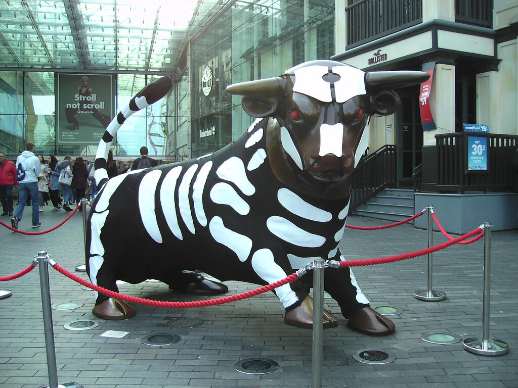 A photo of the Birmingham Bullring Bull dressed in a Halloween costume shot with a digital camera that cost me 50p