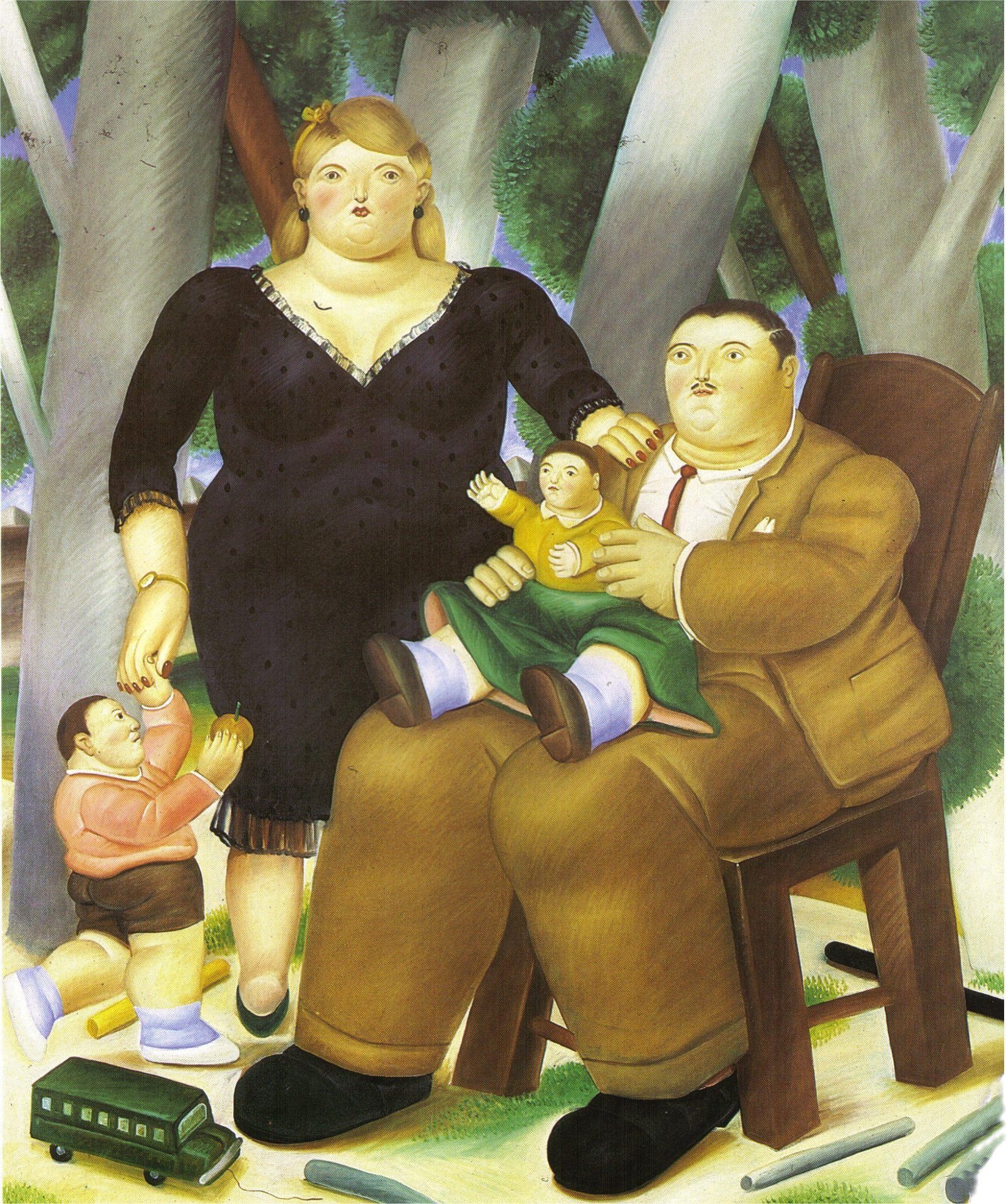 a painting of a family, two grown ups, a toddler and a baby, but they are painted in a modern renaissance baby way - where the children are built like adults but are super tiny, and everyone is large-bodied