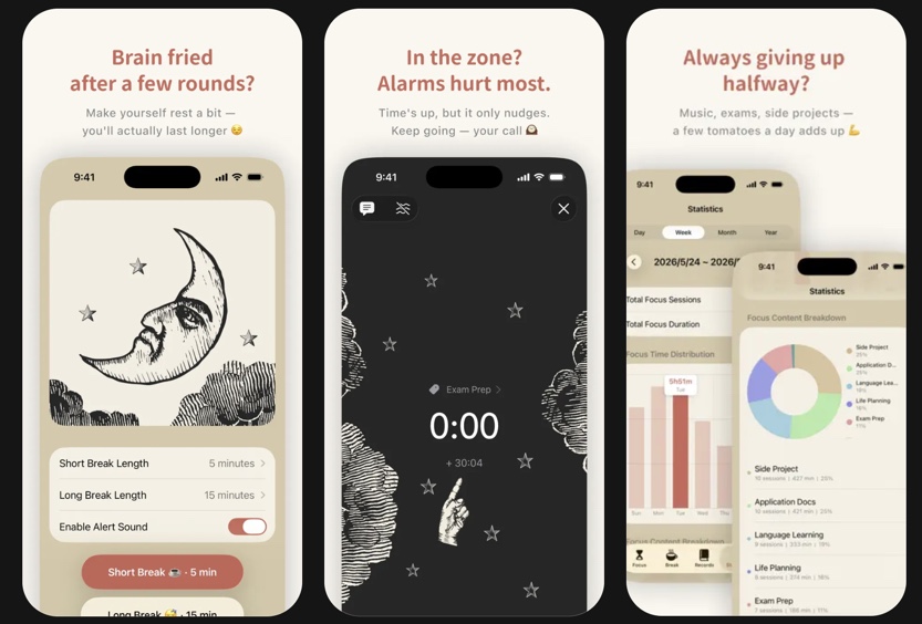 Three iPhone mockups displaying the Focus Tomato app interface, showing timer settings, a countdown screen with a moon illustration, and statistics views.