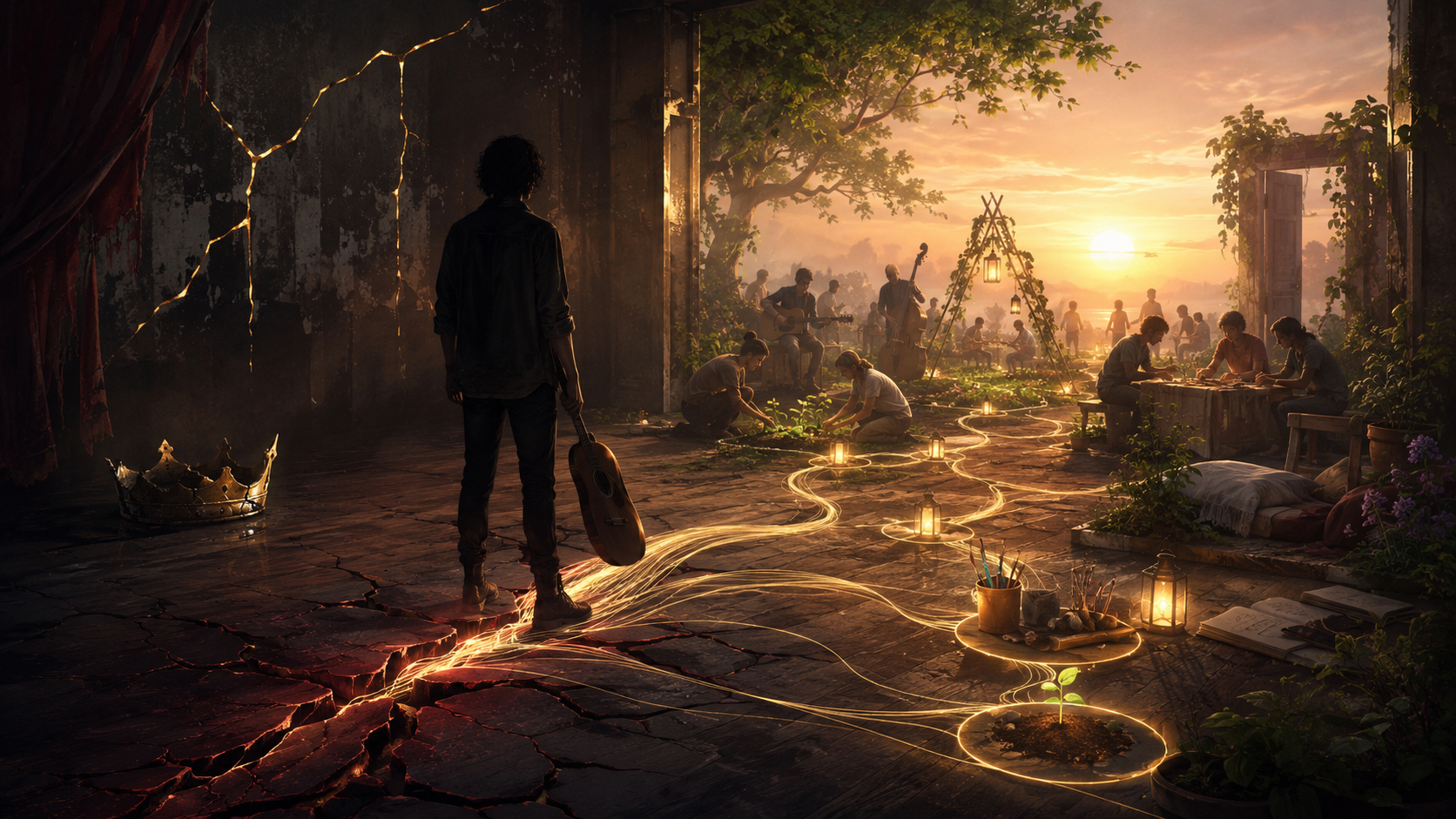 It visualizes the post’s central movement:
the abandoned crown represents awards no longer being the goal;
the fractured floor represents pain without romanticizing it;
golden threads transform the fracture into shared infrastructure;
collaborators, gardens, rest and sunrise represent an ecosystem where creation can become joy.
The anonymous figure preserves Ren’s symbolic presence without manufacturing his likeness