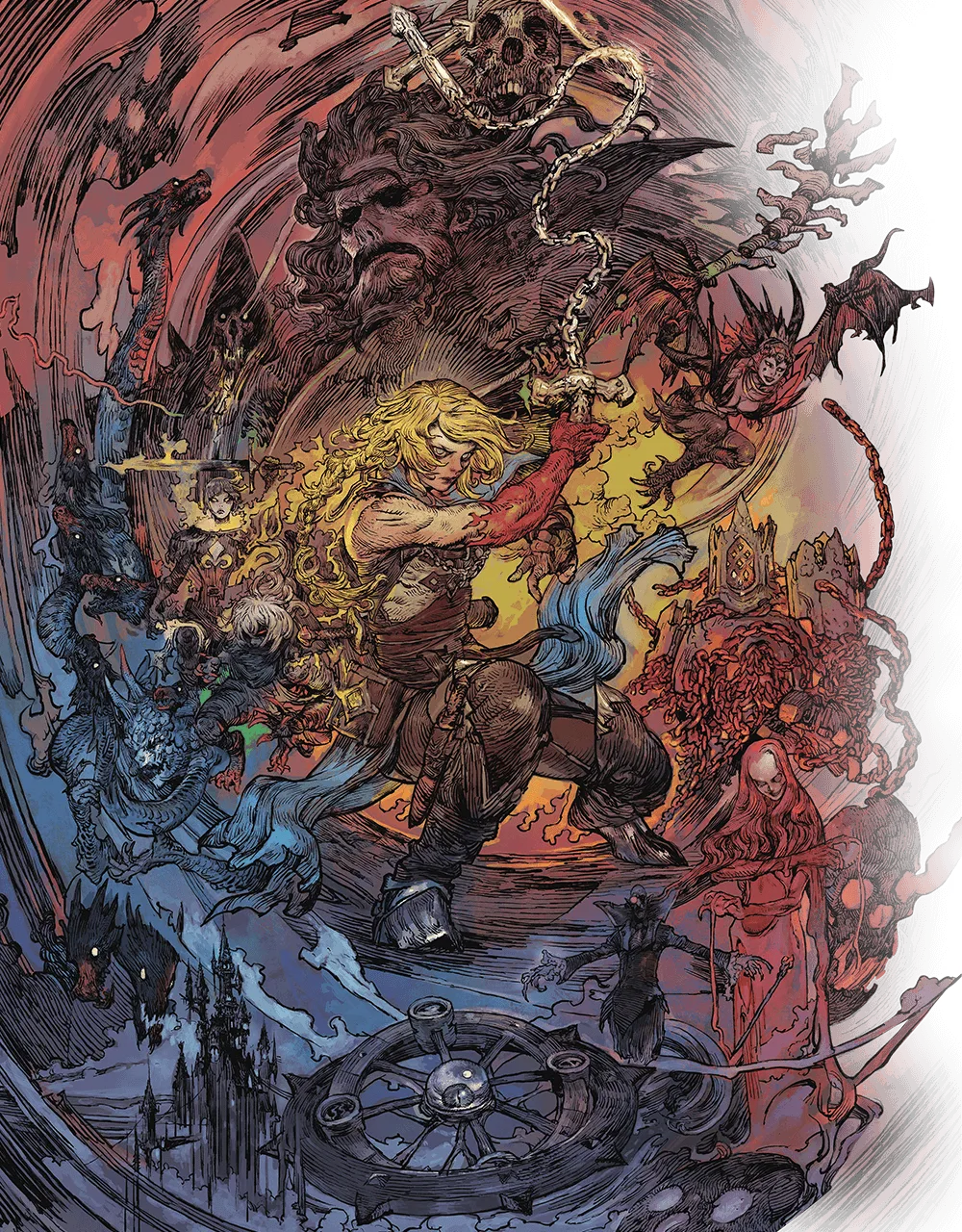 Stunning key art by Katsuya Terada for Castlevania: Belmont's Curse. In the center is the game's main protagonist, Rose Belmont, surrounded by several of the game's key antagonists.