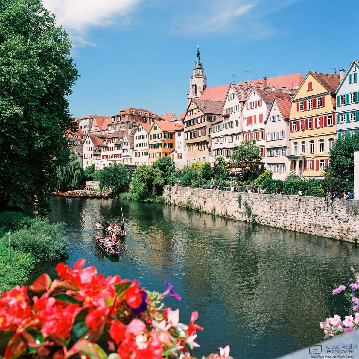 The Neckar waterfront of Tübingen, Germany, as seen from Eberhard Bridge.