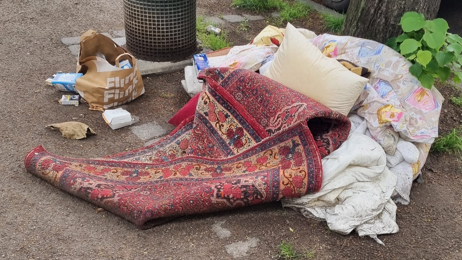 Wilder Müll in einer städtischen Grünanlage vor einem Abfallbehälter.