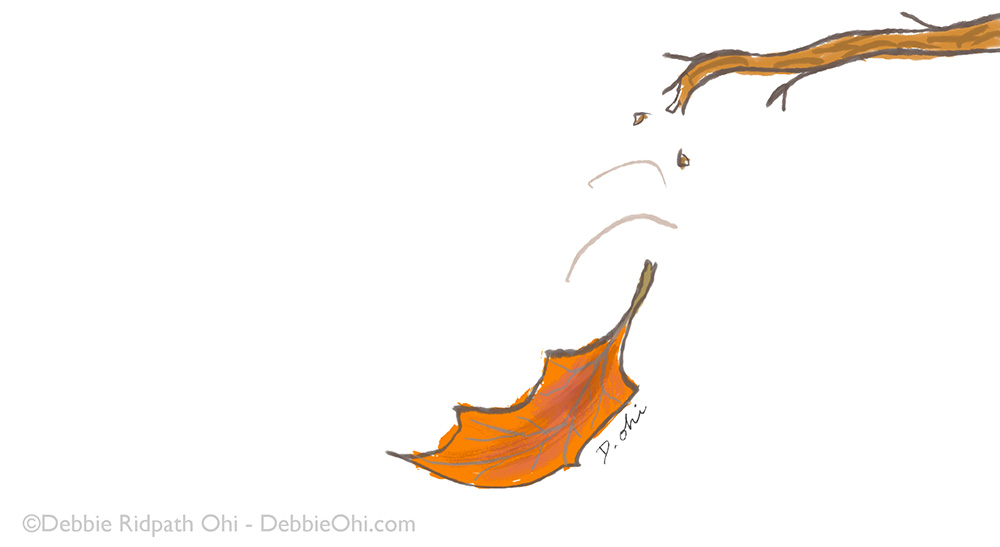 Illustration of an orange leaf drifting down from a branch above. Art by Debbie Ridpath Ohi.