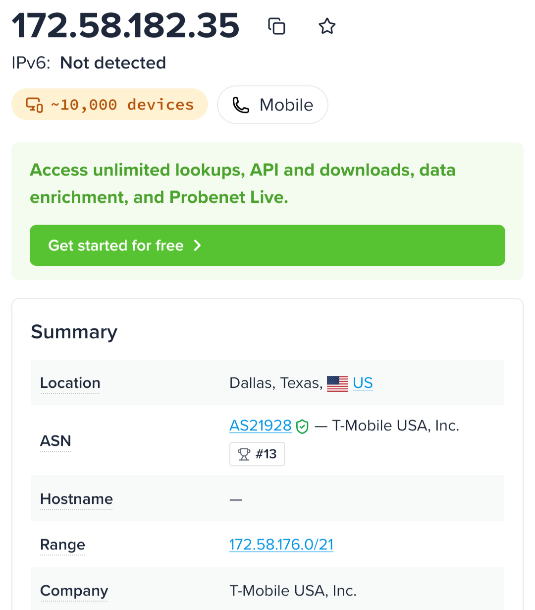 A screenshot from IPInfo showing my location as Dallas, Texas and my network as T-Mobile USA
