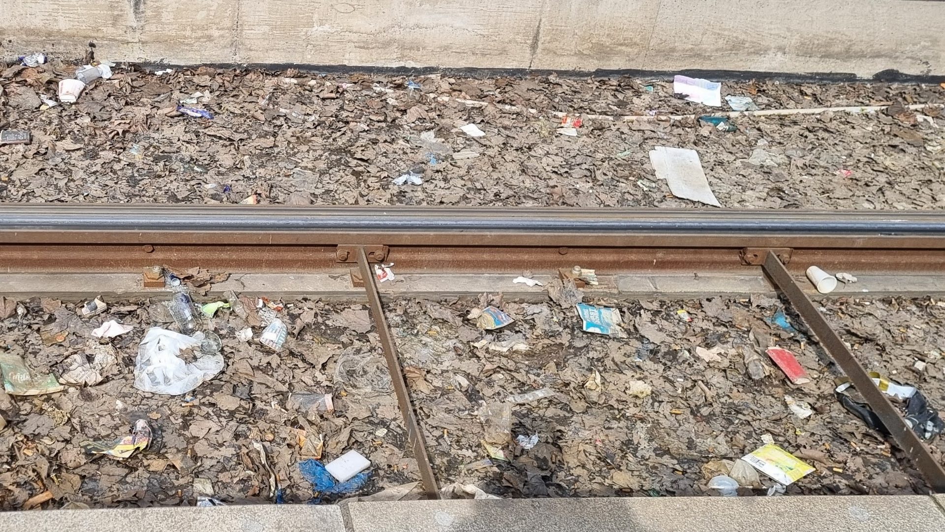 Verschiedene Abfälle im Gleisbett an einer Stadtbahnhaltestelle.