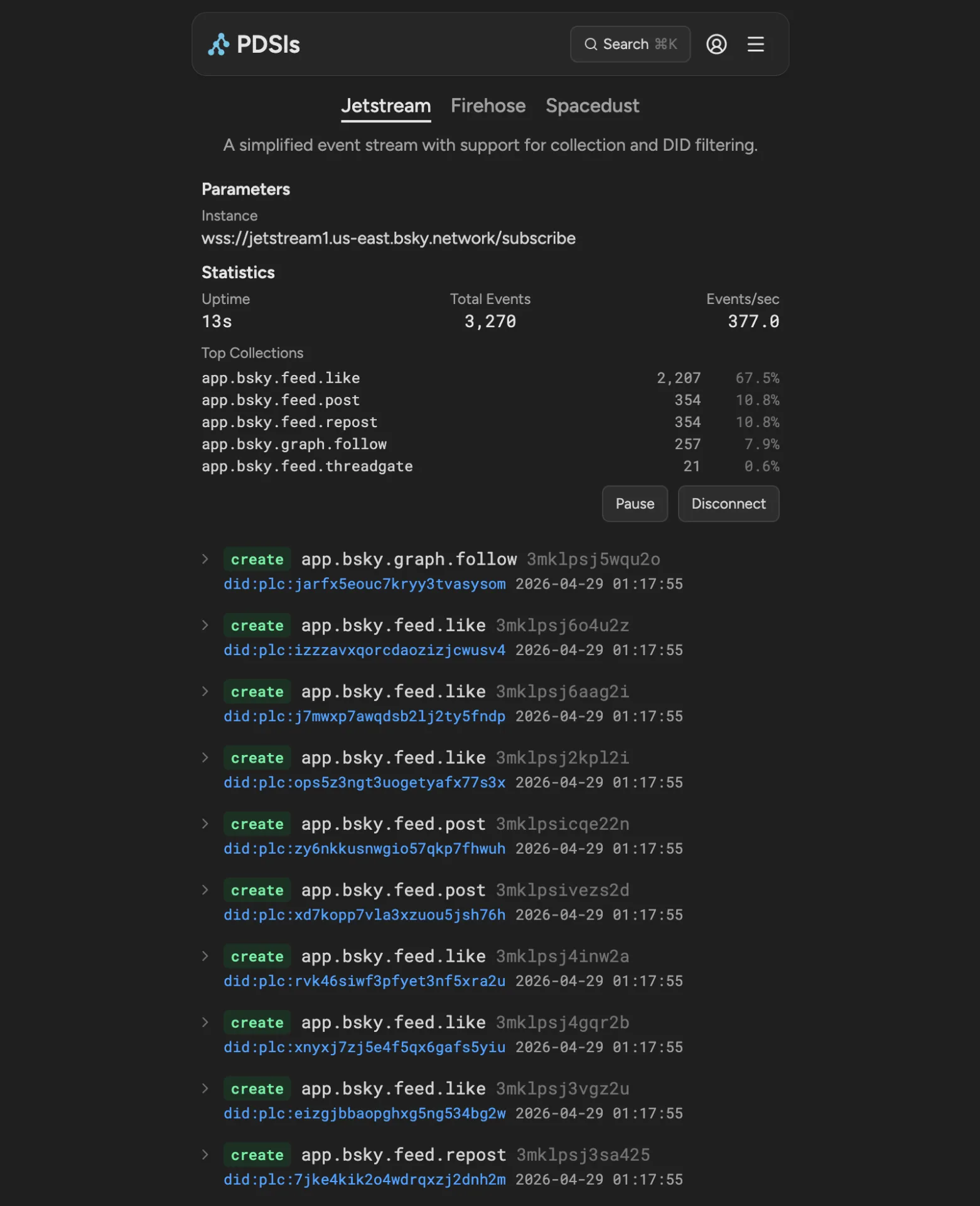 PDSls jetstream view showing the summary of recent events