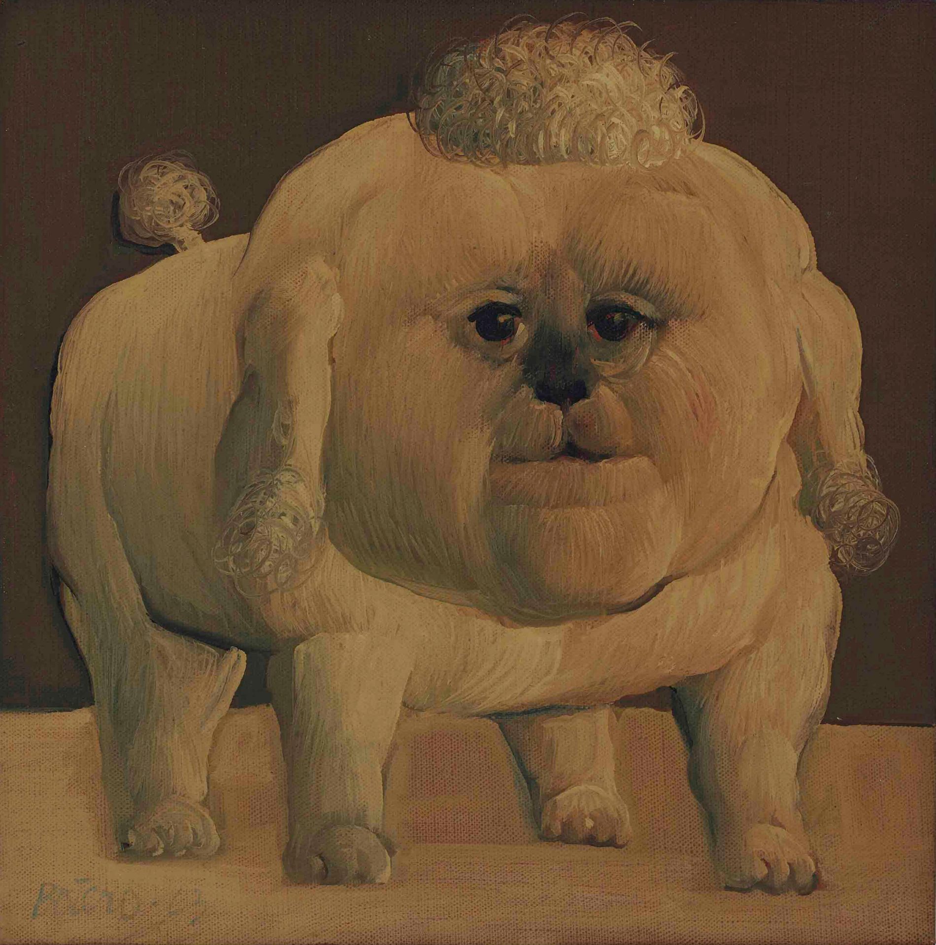 an untitled painting by fernando botero of a dog and it's comically shaped and voluminous