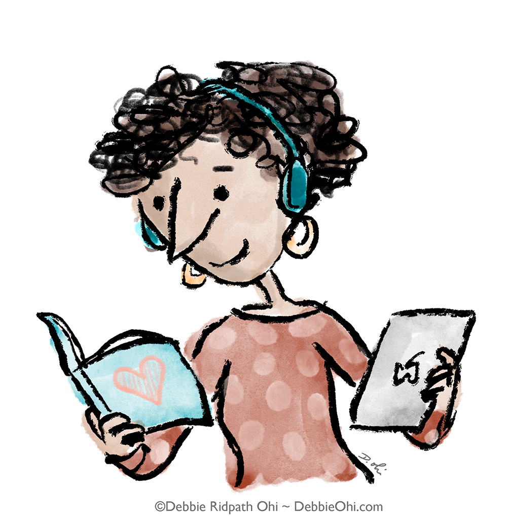 Illustration of person reading books in multiple formats. Person is wearing headphones, reading a print book in one hand, holding a digital reader in the other. Artist: Debbie Ridpath Ohi.