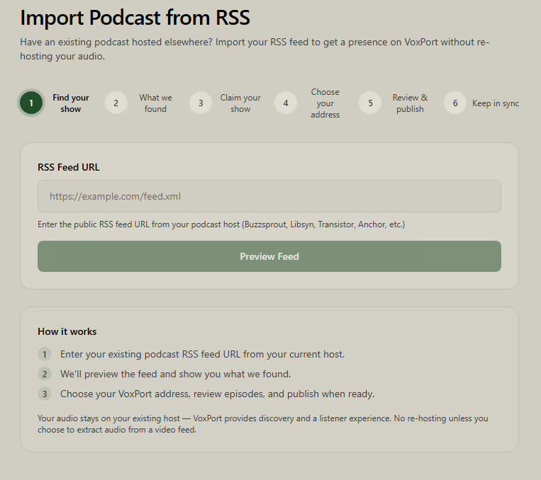 Import RSS page on VoxPort