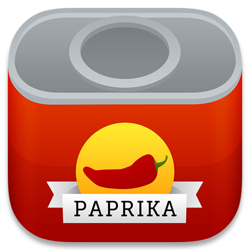Logo of the Paprika recipe app. Illustration shows a red spice tin labelled with the word "Paprika" and a small red pepper against a yellow circle background.