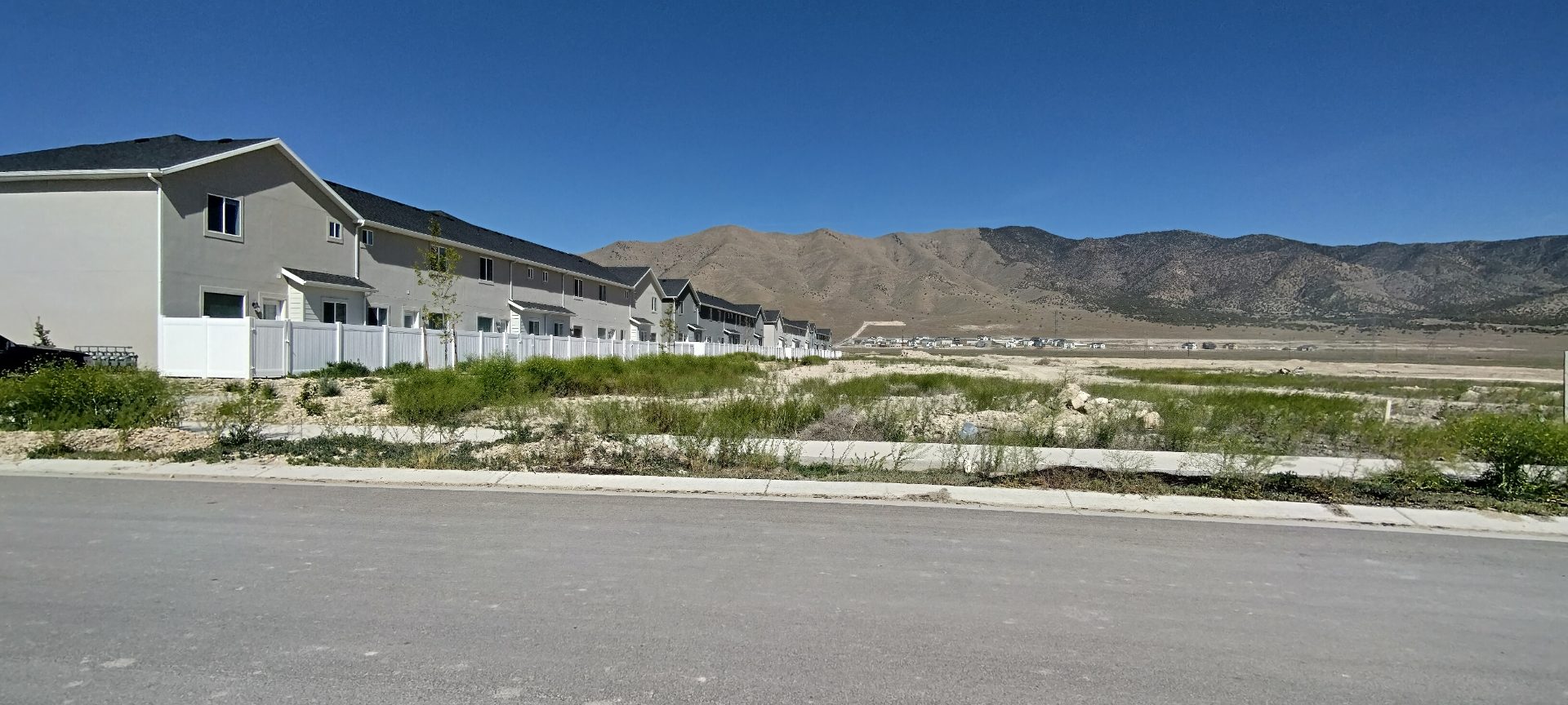 The back side of a housing development. The houses are all two-story and identical, and there is a white vinyl fence behind them. There's a vacant, overgrown lot behind them.
