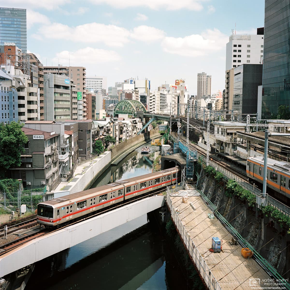 View of Ochanomizu Station from Hibiri Bridge, looking towards Akihabara in Tokyo, Japan.