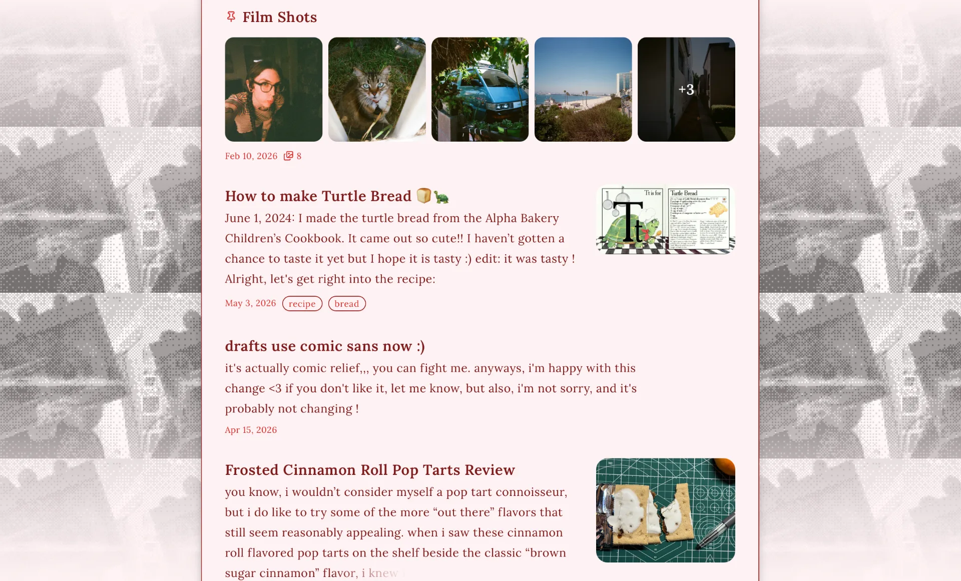 screenshot of brookie.blog index page with a tiling background image