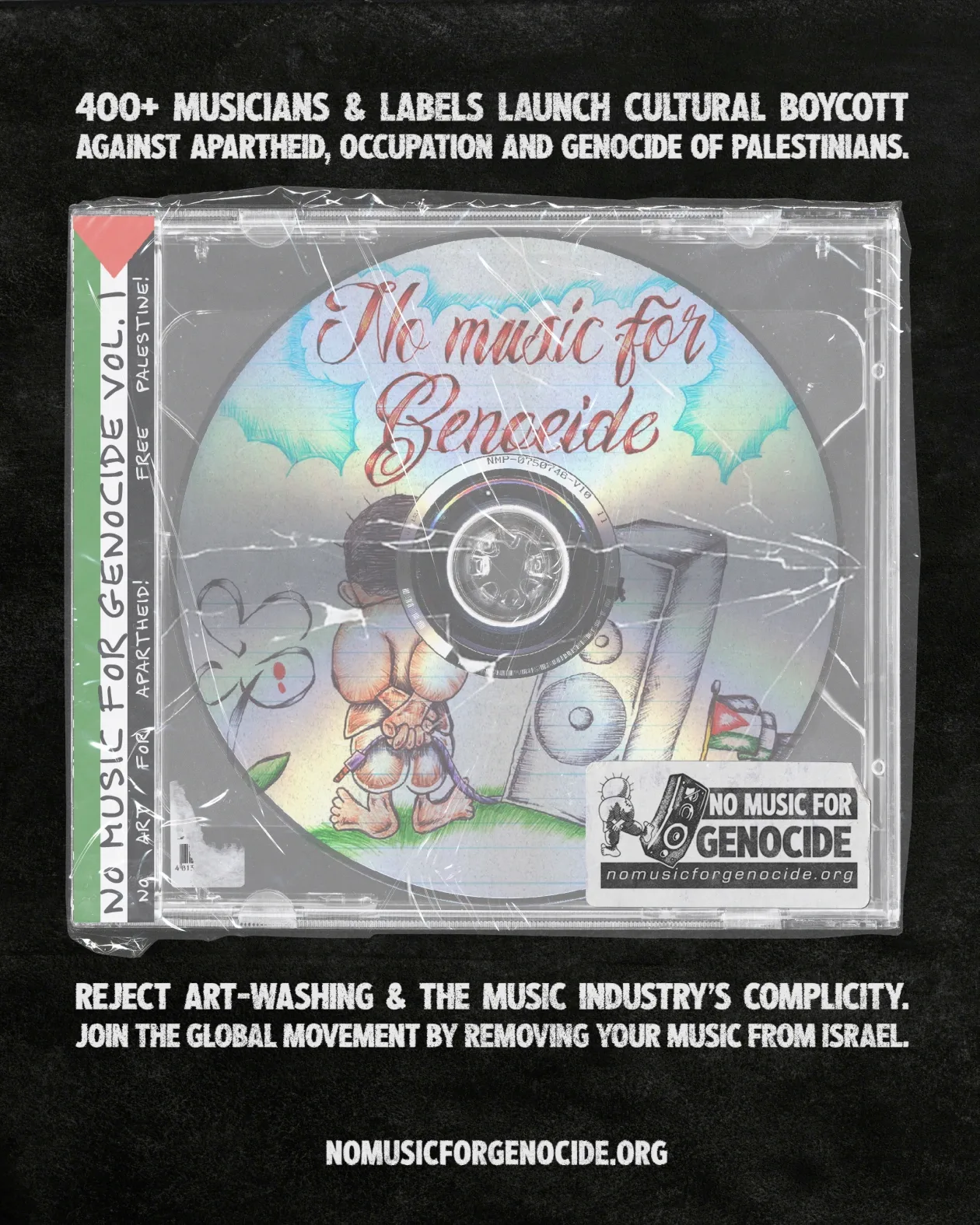 Cartaz de campanha de boicote cultural com imagem de um CD intitulado "Music for Genocide", convocando músicos e gravadoras a remover sua música de plataformas israelenses em protesto contra violações de direitos humanos.