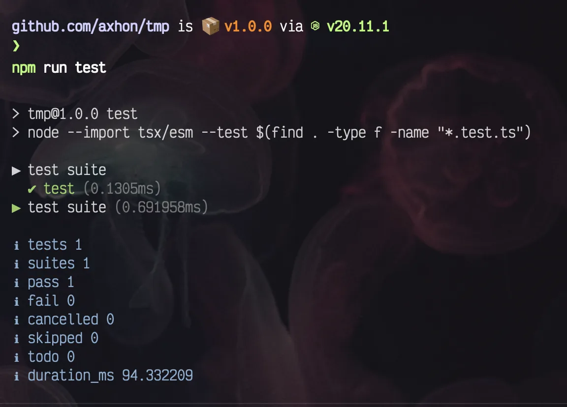 screenshot of a terminal with the command `node --import tsx/esm --test $(find . -type f -name "*.test.ts")` run and completed in about 94 milliseconds