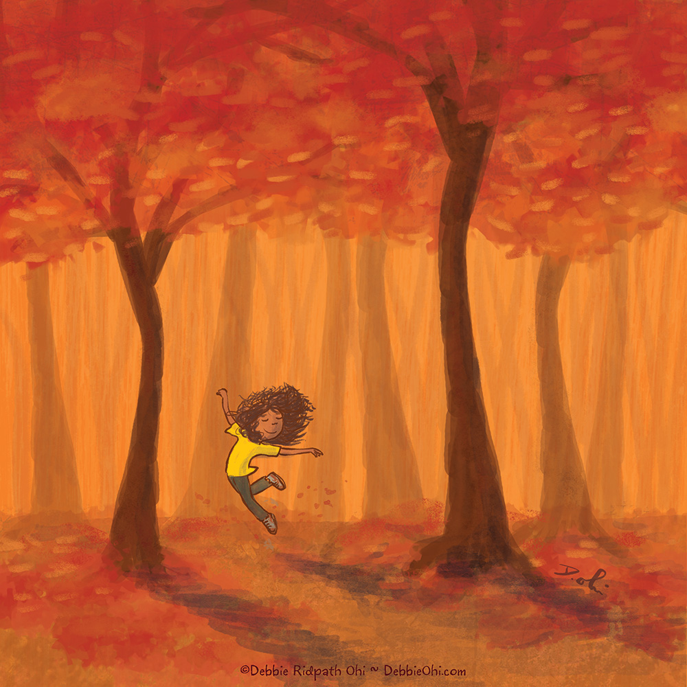 An illustration of a child with dark hair wearing a yellow shirt and dark pants, joyfully leaping through an autumn forest filled with tall trees and vibrant orange and red fallen leaves. The signature "@Debbie Ridpath Ohi ~ DebbieOhi.com" appears at the bottom.