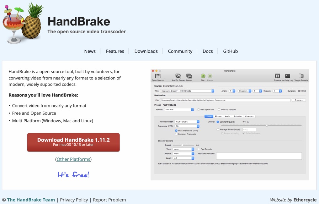 Screenshot of the HandBrake website, showing the HandBrake logo, navigation menu, description of the open-source video transcoder, a red “Download HandBrake 1.11.2” button, and a screenshot of the HandBrake app interface.
