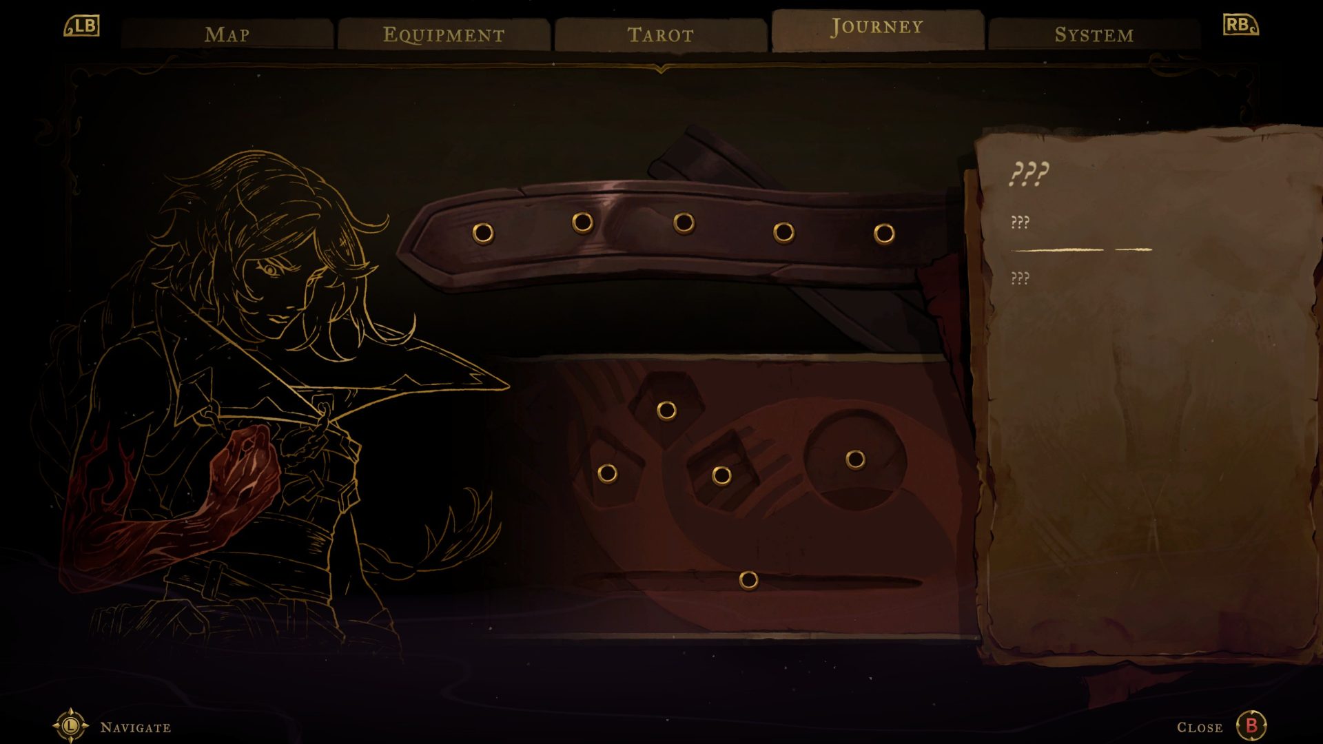 The Journey tab of the pause menu features a sketchy line-art illustration of Rose. It is inked in yellow with red-details for the scarred tissue on her arm. A textured belt loop and pieces of paper serve as the UI for some kind of collectibles.