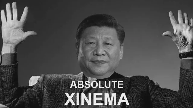 black and white image of Xi Xinping holds up hands with the text ‘absolute china’.