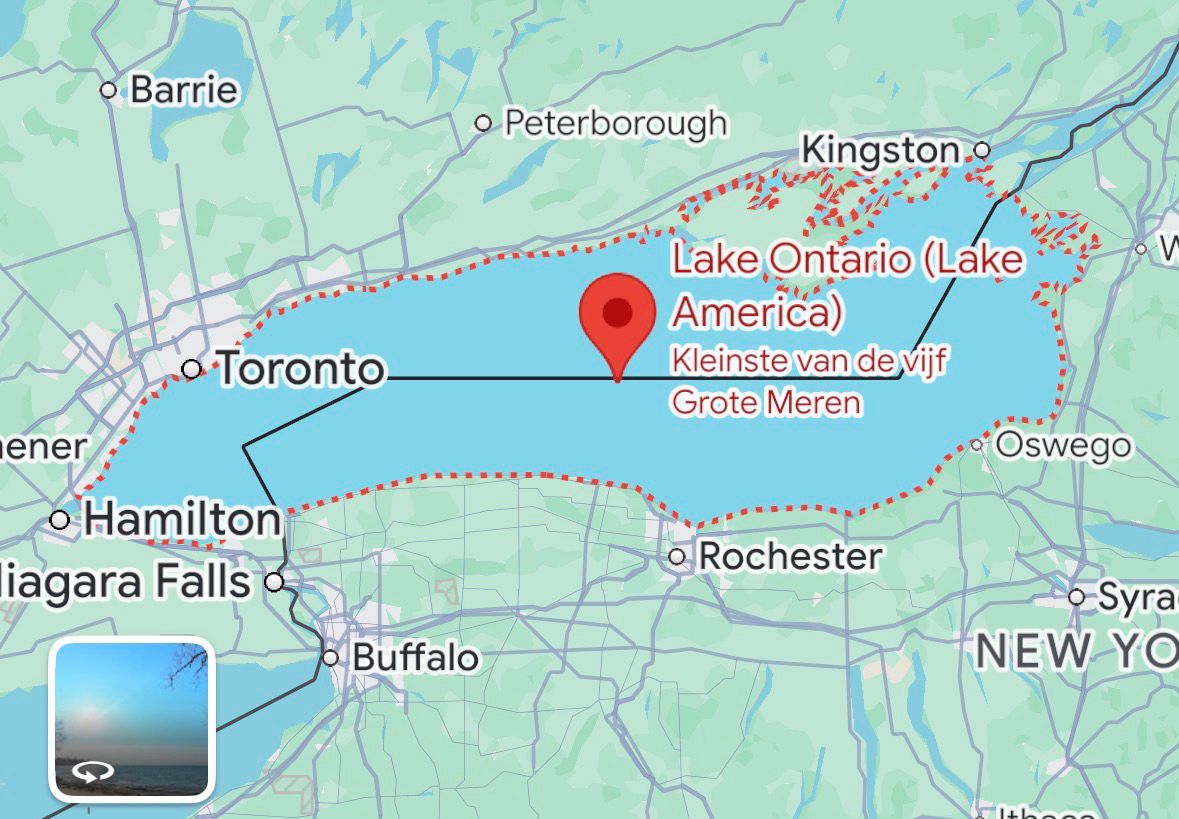 Screenshot of Google Maps with the lake selected saying “Lake Ontario (Lake America): Kleinste van de vijf Grote Meren/Smallest of the five Great Lakes”

Credit: https://bsky.app/profile/dutchengelsman.bsky.social/post/3mucjwkejls2d