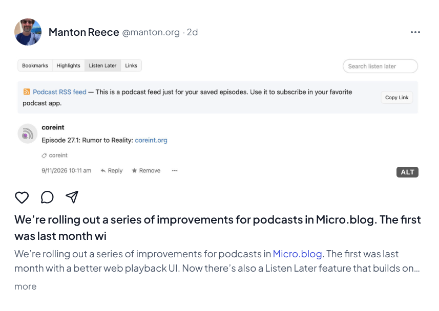 Picture of another grain.social post where user @manton.blog includes what seems to be a post from their blog… in an image-sharing website.