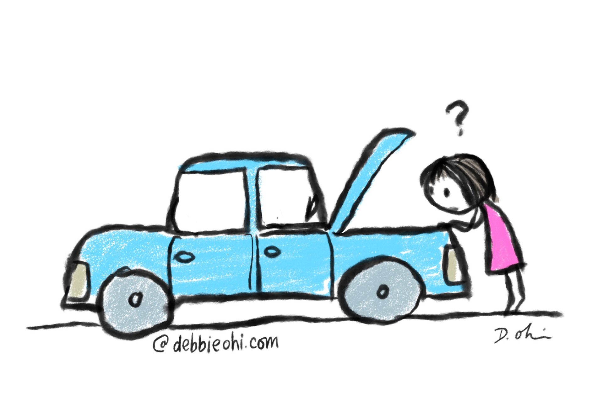 Cartoon of a person looking under the raised hood of a blue car, with a question mark above their head. Art by Debbie Ridpath Ohi.