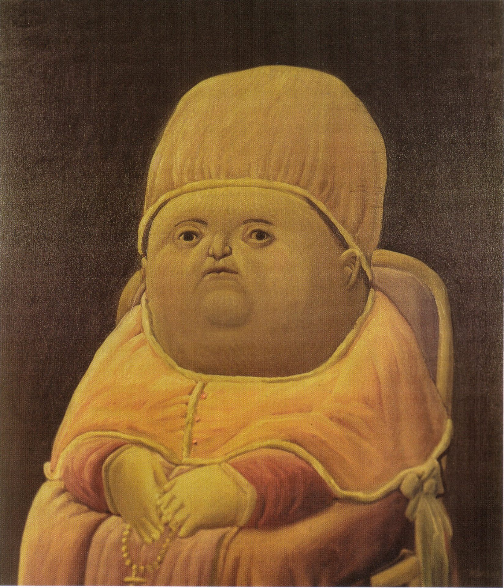 a botero painting of a pope so he kinda looks like a very large baby