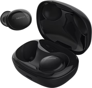 A picture of the Nokia Comfort Earbuds, in black. The buds themselves look like beans.