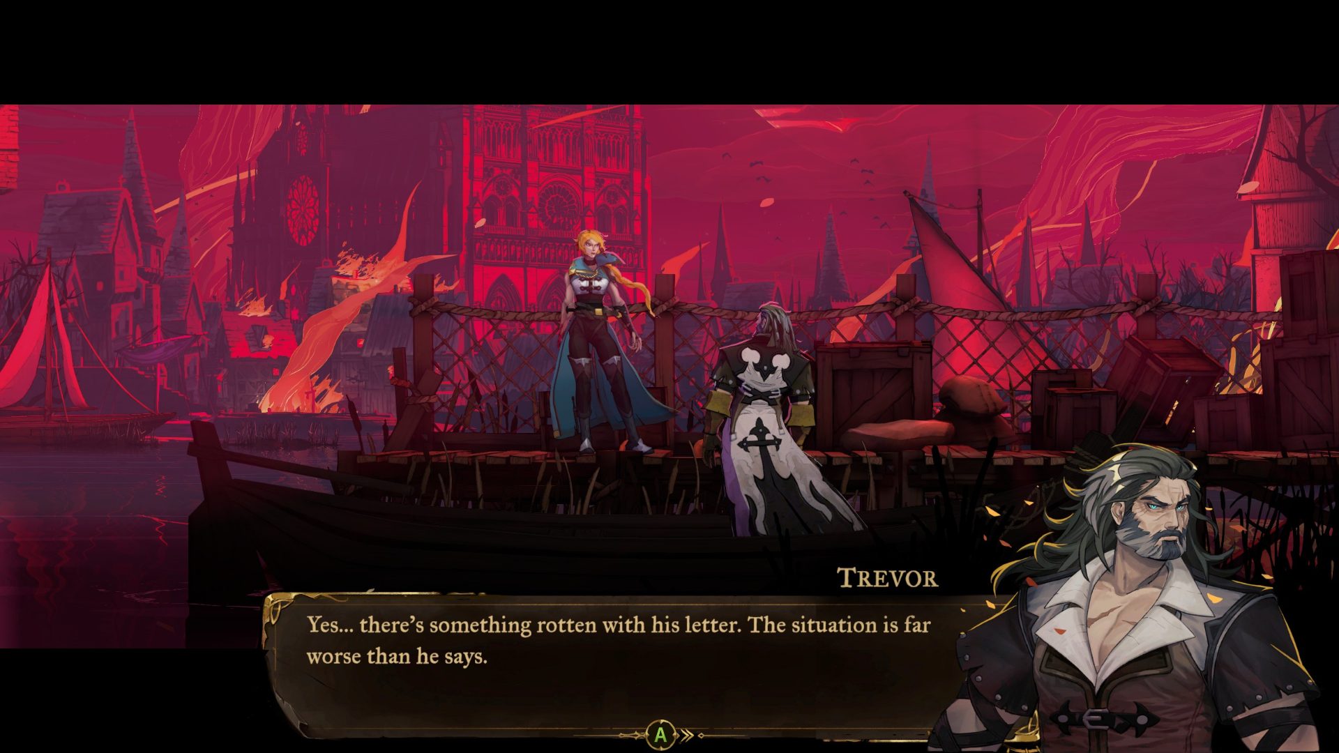 Against the backdrop of the Notre Dame, Paris is burning (again). Trevor Belmont a grayed and bearded man with electric blue eyes and flowing locks, speaks to his daughter, Rose, a red-haired womain in blue, who stands on the docks. His speech box reads: "Yes... there's something rotten with his letter. The situation is far worse than he says."