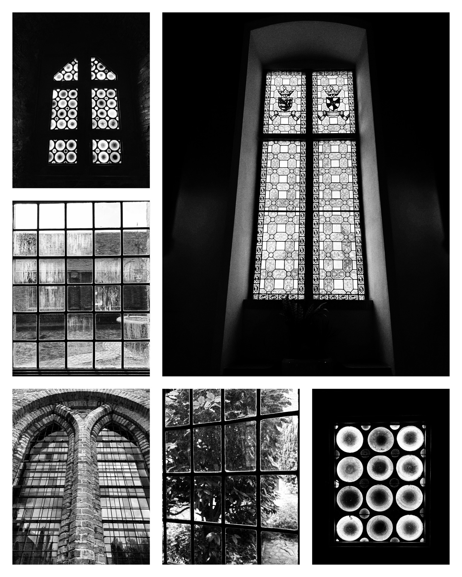 A black and white photo collage featuring six individual images of different historical windows.Top Left: A dark, arched window with a grid pattern composed of small, circular glass panes.Middle Left: A large grid window made of many square glass panes showing a blurred reflection or view outside.Bottom Left: A close-up of a large, double-arched window built into a textured brick wall.Right Side (Large): A tall, vertical window set deeply into a dark wall, featuring intricate stained glass designs and two coats of arms near the top.Bottom Center: A grid window with square panes looking out onto leafy green trees.Bottom Right: A close-up shot of a small window panel made of twelve bright, circular glass rounds arranged in a neat grid.